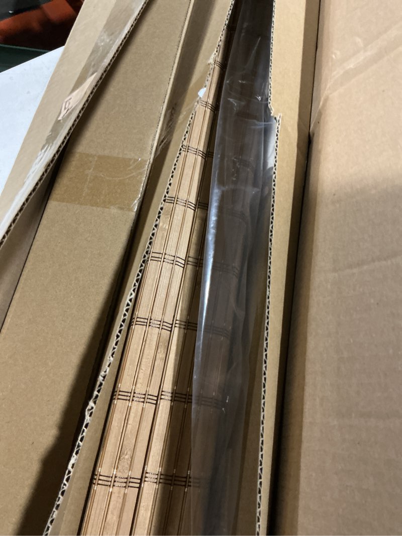 Condition photo showing As Is for lazblinds no tools no drill bamboo roller shades, cordless bamboo blinds, light filtering roll up blinds for windows, french door, porch or patio privacy screen, 26'' w x 70'' h, brown206 brown206 26'' w x 70'' h