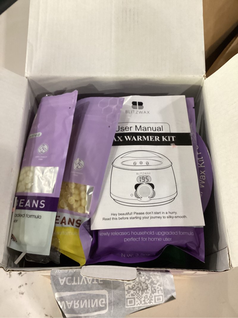 Condition photo showing Good Condition for blitzwax brazilian and bikini waxing kit for women, hard wax warmer for face, legs, and body, at home hair removal kit, beginner friendly, quick heating, 32pcs wax spatulas green-purple