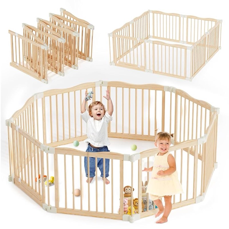 foldable wooden playpen - adjustable wood baby play yard with child-proof lock, indoor large safety 