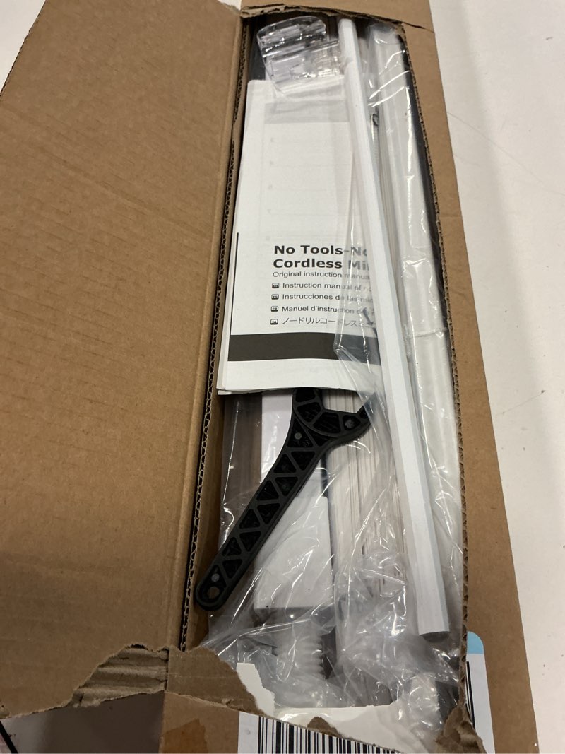 Condition photo showing As Is for LazBlinds No Tools No Drill Cordless 1" Vinyl Mini Blinds, 100% Privacy S-Curve Blinds for Indoor Windows, Room Darkening Horizontal Window Blinds and Shades for Home, 24" W x 48" H, White White 24" W x 48" H