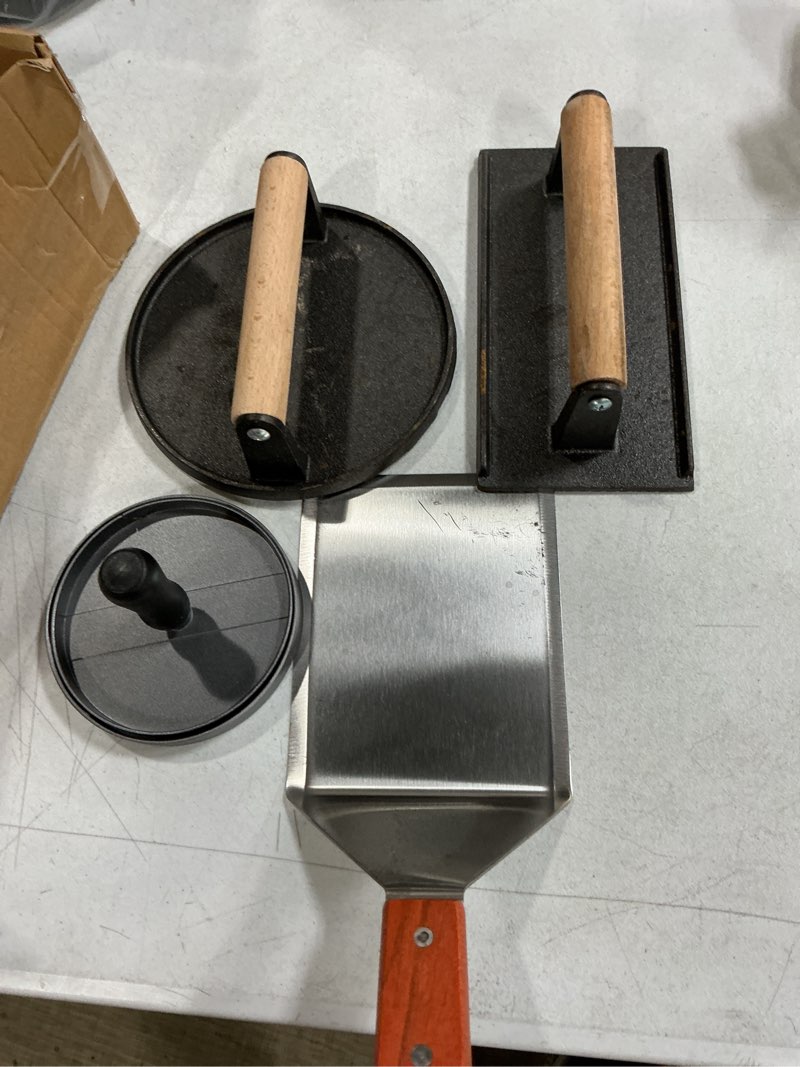 Condition photo showing As Is for smash burger kit, heavy-duty round & rectangle cast iron smash bacon press, spatula, hamburger stuffed patty maker & patty papers, burger tool for blackstone grill and griddle accessories barbeque