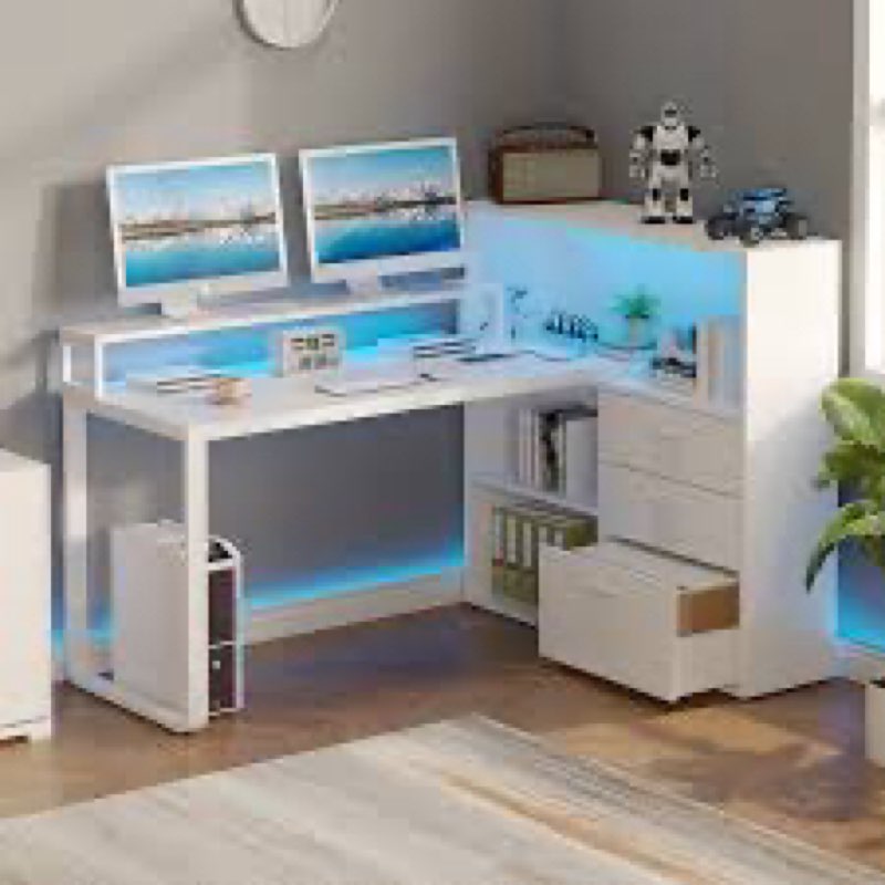 L Shaped Desk With Bookshelf and  Drawer, Corner Desk with LED Lights