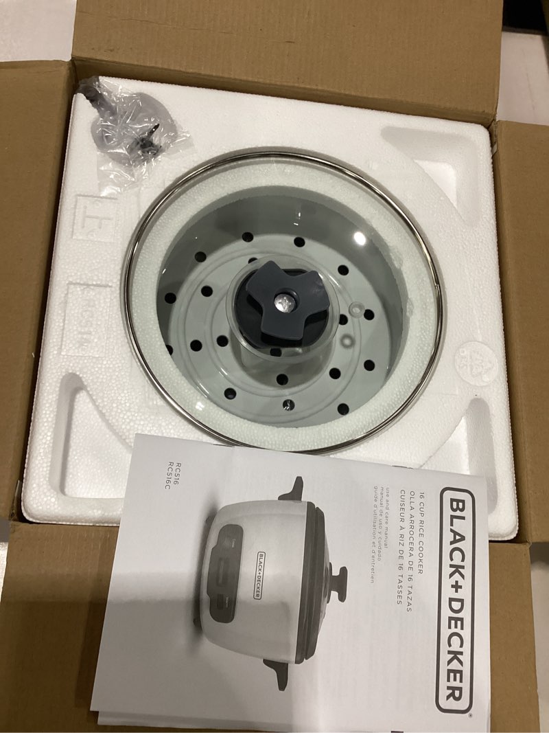 Condition photo showing New/Like New for BLACK+DECKER 16-Cup Rice Cooker, RC516, 8-Cup Uncooked Rice, Steaming Basket, Removable Non-Stick Bowl, One Touch