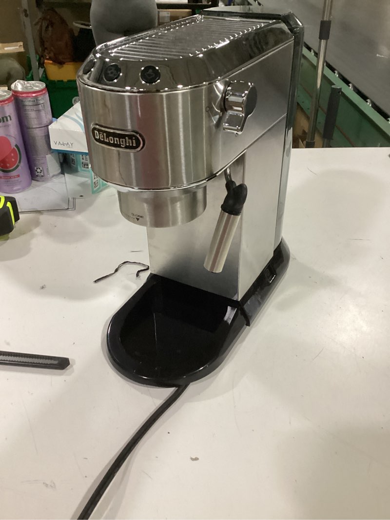 Condition photo showing As Is for **similar to**de’longhi dedica espresso machine with manual milk frother, 15-bar pump & adjustable tray - home barista coffee maker for espresso, latte, cappuccino & iced coffee - italian stainless steel design silver