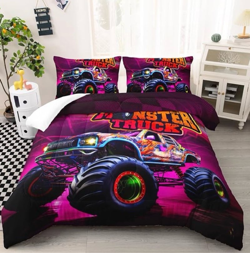 Ntlfup Monster Truck Comforter Set Full Size, Racing Sport Bedding for Boys Teens Adults, Colorful P