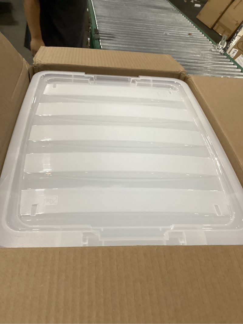 Condition photo showing As Is for iris usa 40 qt stackable plastic storage bins with lids, 4 pack - bpa-free, made in usa - see-through organizing solution, latches, durable nestable containers, secure pull handle - clear clear 40 qt 4 pack