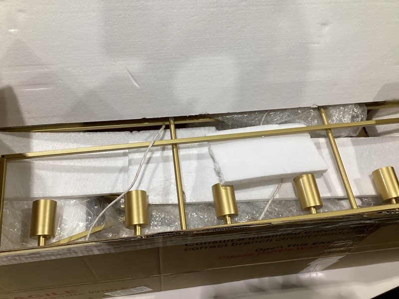 Condition photo showing As Is for BONLICHT Farmhouse Chandeliers Gold 6 Light Modern Linear Dining Room Pendant Lighting Traditional Rectangular Kitchen Island Lantern Light Fixture Classic Ceiling Light with Adjustable Rods Gold 6 lights
