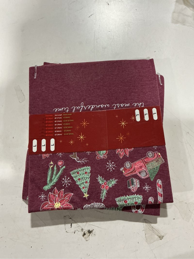 Condition photo showing As Is for (Similar To) Women's Red Light weight Knit Short sleeve Graphic Holiday T-shirt ( M )