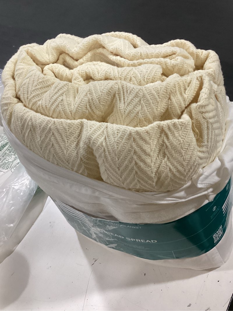 Condition photo showing As Is for bedsure gentlesoft 100% cotton blanket queen size for bed - breathable and lightweight, soft cozy textured herringbone woven blanket for summer spring, linen beige, 90x90 inches 01 - linen beige queen (90" x 90")