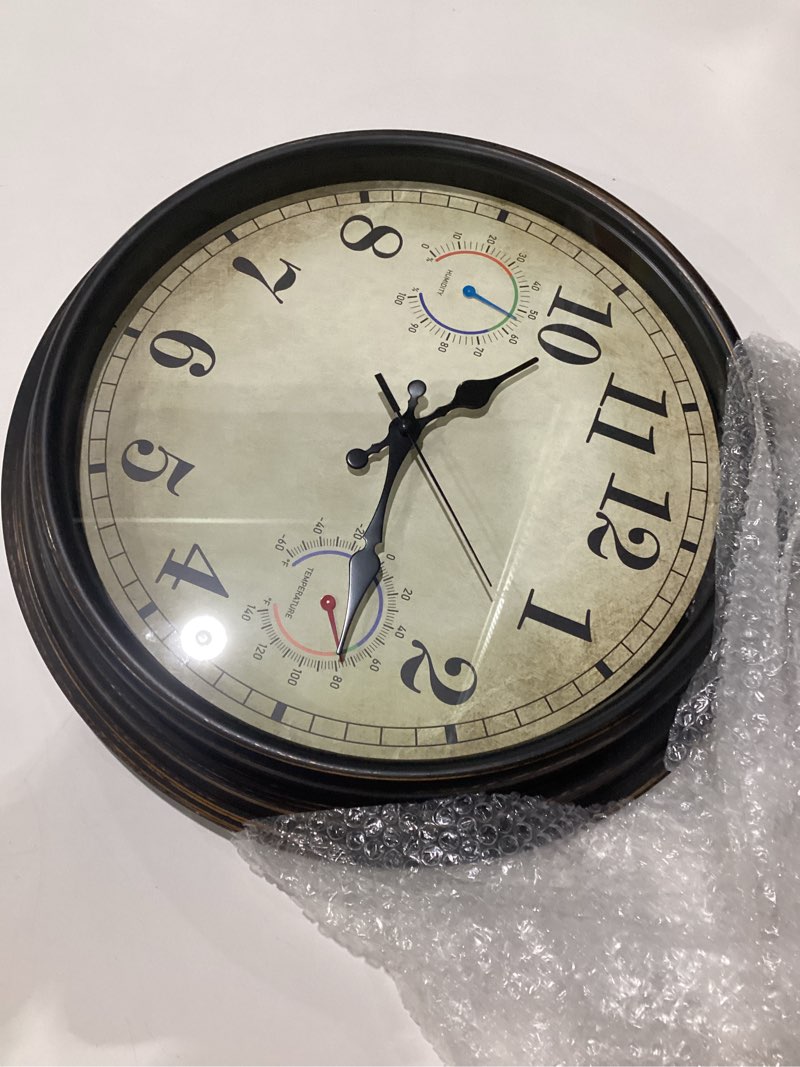 Condition photo showing Good Condition for 16 inch large outdoor clock with thermometer and hygrometer combo, waterproof indoor outdoor wall clocks for patio, pool, garden, backyard decor- retro bronze 16 bronze