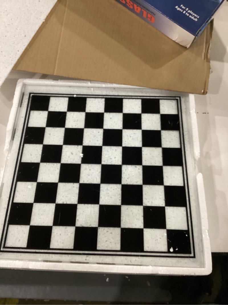 Condition photo showing As Is for elegant glass chess set 13.8 inch - large modern chess board game with black & clear pieces, felted bottoms - crystal strategy game gift for adults, home decor