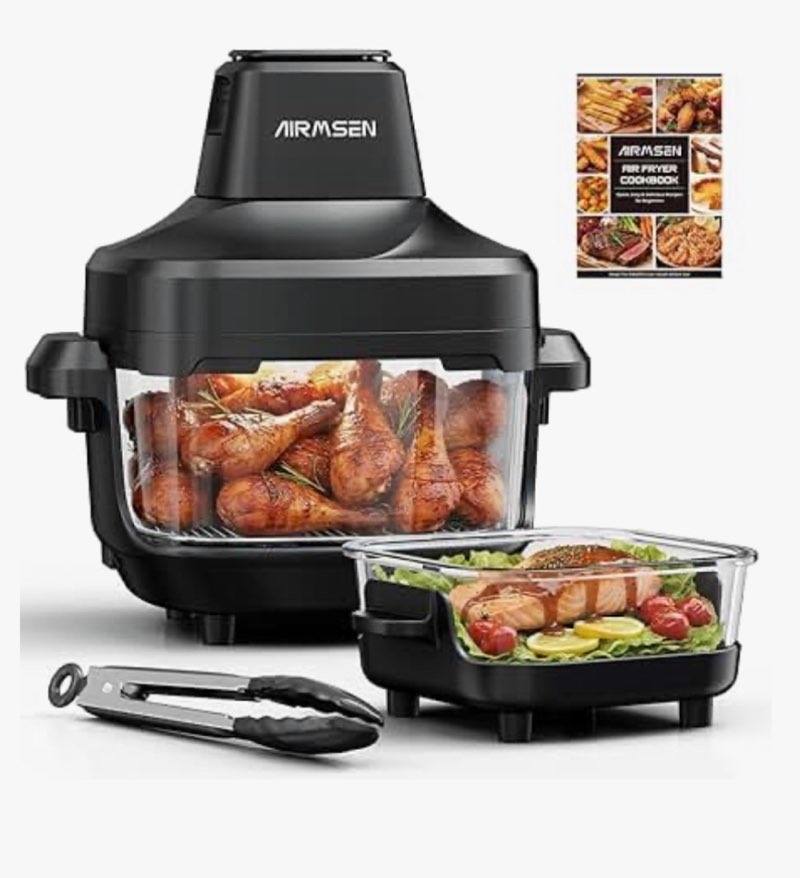 airmsen potable glass air fryer non-toxic, 4.8qt & 1.3qt, 4 presets & manual control, 140–450? preci