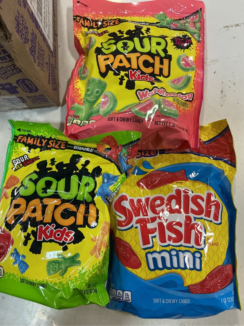 Condition photo showing New/Like New for (Bb:08/FEB/2026) SOUR PATCH KIDS Original, SOUR PATCH KIDS Watermelon, and SWEDISH FISH Mini Soft & Chewy Candy Variety Pack, Family Size, Bulk Candy, 3-1.8 lb Bags