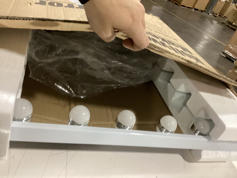 Condition photo showing As Is for COOLJEEN Vanity Mirror with Lights and Bluetooth, Hollywood Makeup Mirror with 15 Dimmable LED Bulbs and USB Charging, 3 Color Modes Lighted Vanity Mirror, Tabletop/Wall-Mount (Shatterproof Glass) White-bluetooth 23"L x 18"W