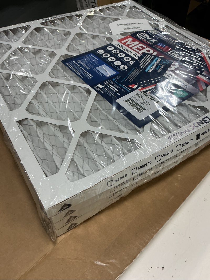 Condition photo showing New/Like New for bnx trufilter 20x20x1 merv 13 (4-pack) ac furnace air filter - made in usa - electrostatic pleated air conditioner hvac ac furnace filters - removes pollen, mold, bacteria, smoke merv 13 20x20x1 4-pack