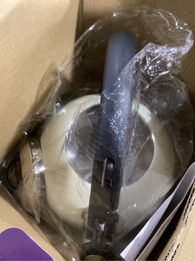 Condition photo showing As Is for mr. coffee clarefield 2.4 qt whistling tea kettle – linen white stovetop water kettle with lid, heat-resistant nylon handle and knob, stainless steel trim 2.4 quarts linen white
