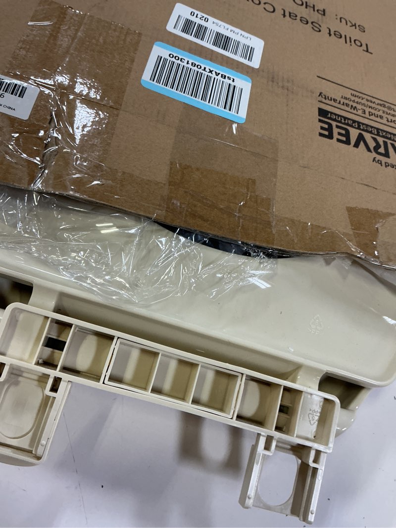 Condition photo showing As Is for toilet seat elongated,toilet seat with quick-release and quick-attach, plastic toilet seat with soft close, easy install and clean - biscuit elongated biscuit