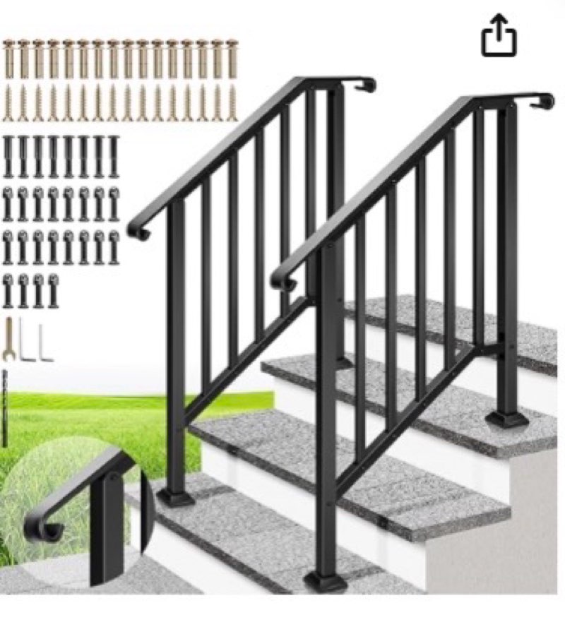 VIVOHOME 2-Pack 3 Step Galvanized Steel Hand Rails for Outdoor Steps – Curved Ends and Safety Balusters Exterior Railing for Porch, Deck, or Indoor Stairs, Complete Installation Kit