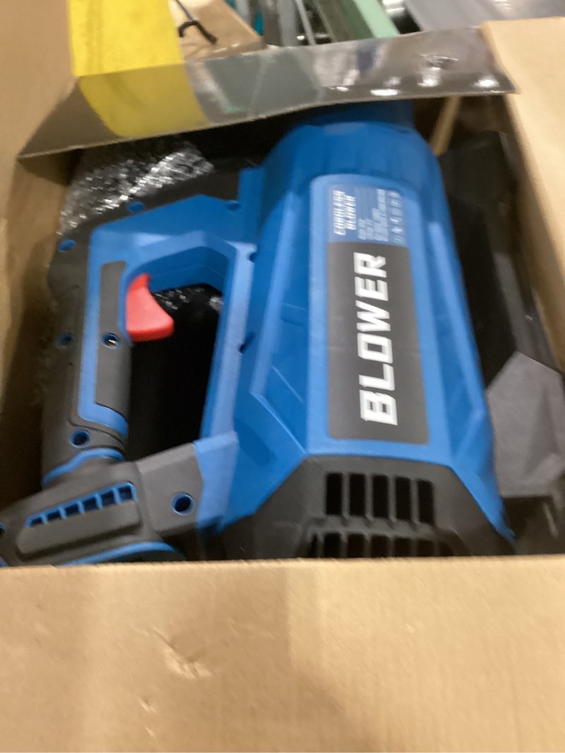 Condition photo showing Good Condition for leaf blower cordless - 630cfm/160mph, 21v powerful electric cordless leaf blower with 2 x 4.0ah batteries and charger, battery powered leaf blowers for lawn care, patio, yard, dust, snow blue
