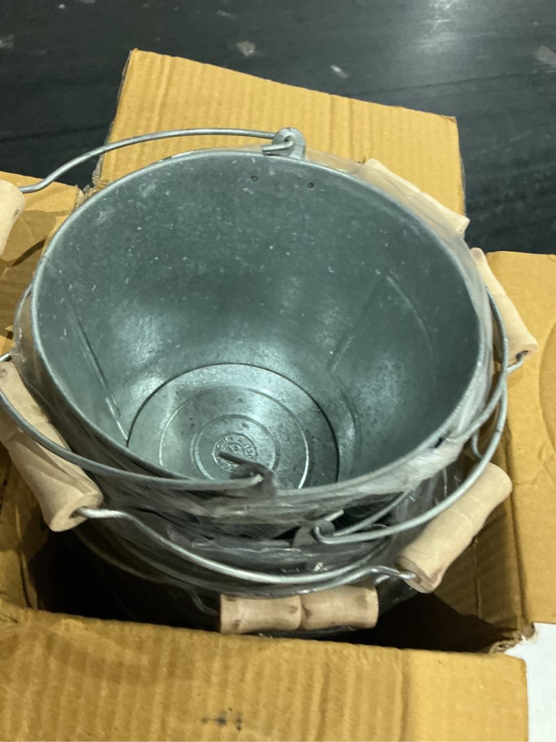 Condition photo showing Good Condition for hosley galvanized metal chalkboard bucket with wooden handle 7 inch dia – set of7rustic farmhouse floral planter, ideal for home décor, office, party, wedding, indoor, outdoor or tabletop décor