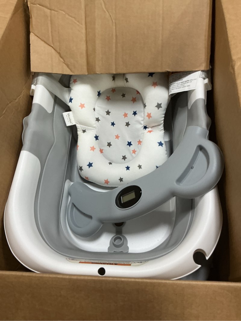 Condition photo showing As Is for morefeel collapsible baby bathtub for newborn with thermometer & 1 hooded towel & 1 soft floating cushion,portable travel bathtub with drain hole, durable foldable baby tubs for infants to toddler bear like grey