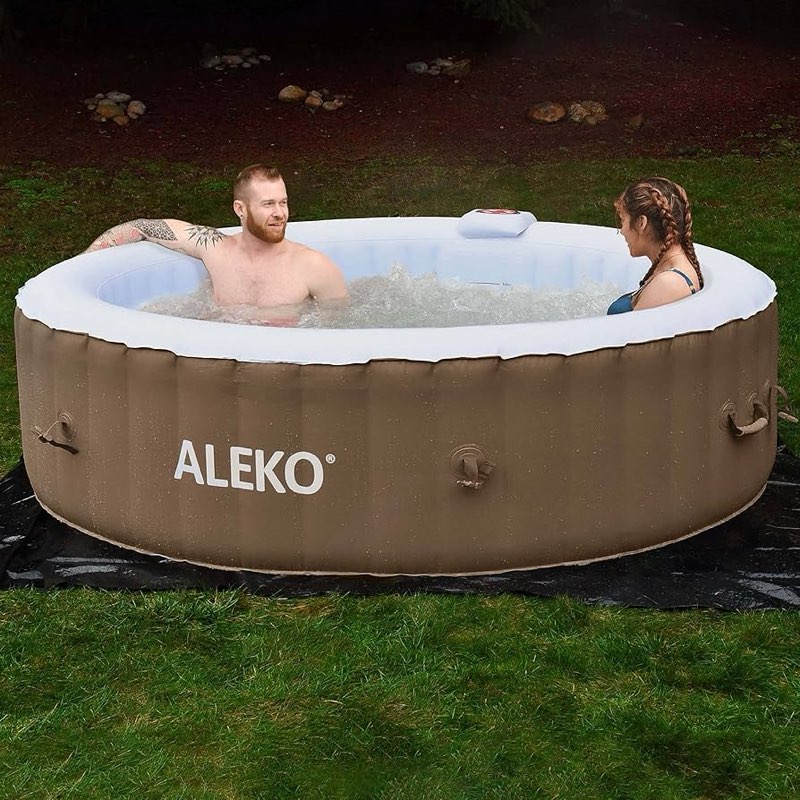 aleko inflatable hot tub spa | personal high powered jetted bubble | 265 gallon | brown and white | 