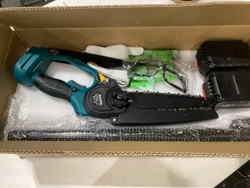 Condition photo showing As Is for 2-in-1 cordless pole saw & 8'' mini chainsaw with extension pole for tree trimming (cyan blue-8inch4.0ah)