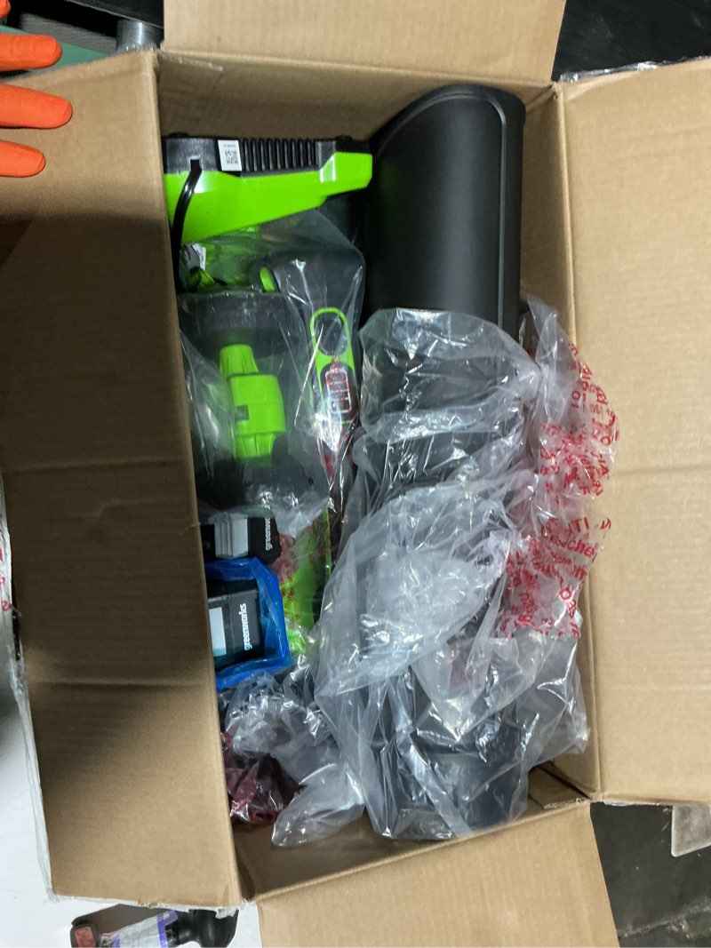 Condition photo showing New/Like New for greenworks 48v (24v x 2) cordless brushless leaf blower/vacuum (520 cfm / 240 mph) with bag, powerful & efficient for yard debris cleanup, includes (2) 4.0ah battery & dual port charger blower / vac (2 x 4.0ah)