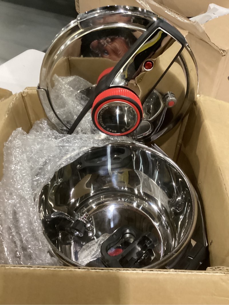 Condition photo showing As Is for 6.3 qt pressure cooker, 304 stainless steel - explosion-proof lock, one hand operation, fast cooking, dishwasher safe & induction compatible, family size cookware 6.3 quarts