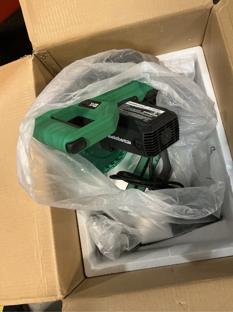 Condition photo showing As Is for metabo hpt 10-inch single bevel compound miter saw, 15-amp power saw with xact cut shadow line, precision miter angles, single bevel 0-45°, 40t tct miter saw blade, lightweight design, c10fcg2 c10fcg2 - next gen model