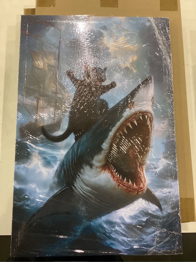 funny cat riding shark canvas wall art crazy weird black cat vs shark painting picture wall decor po
