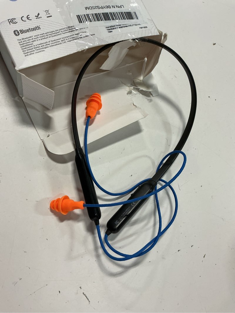 Condition photo showing Good Condition for homespot noise reduction wireless neckband headphones with qualcomm aptx hd, 27db nrr, cvc noise cancelling mic & controls and 20h playtime for work safety osha compliant - blue wire orange earbuds blue with orange