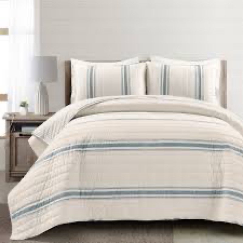 Lush Decor Farmhouse Stripe Reversible Cotton 3 Piece Quilt Set, Full/Queen, Blue