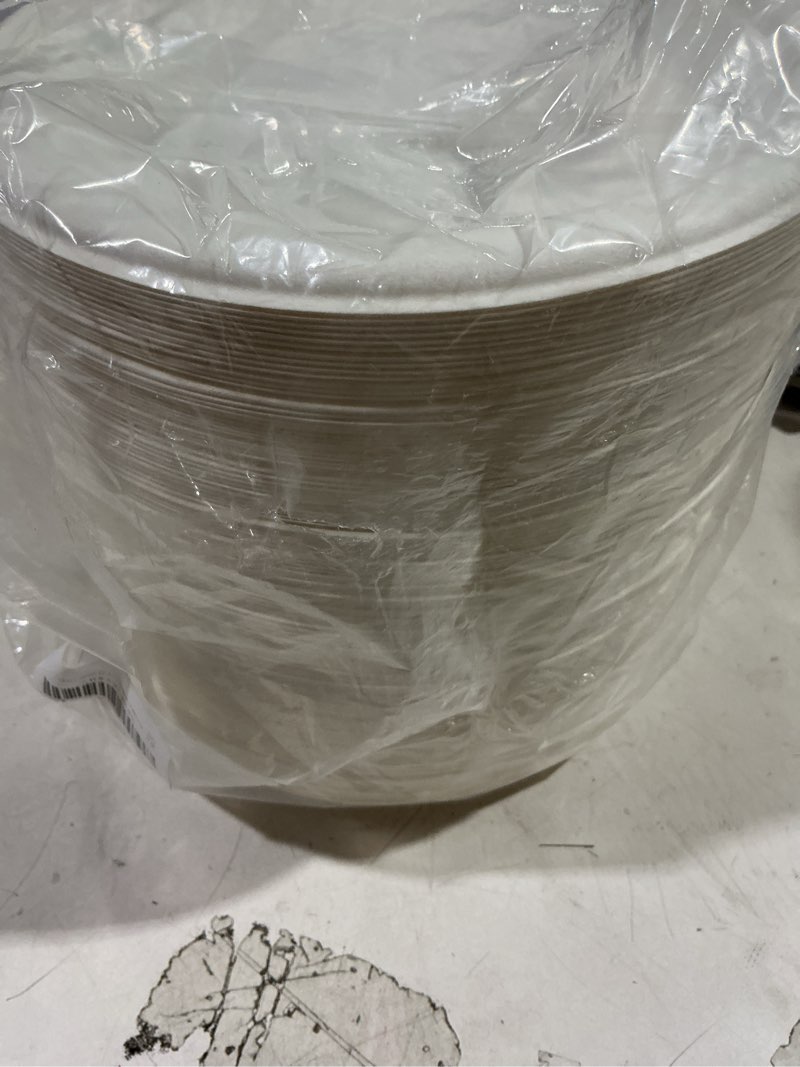 Condition photo showing New/Like New for 100% Biodegradable Disposable Bamboo Fiber White Plates - Food-Grade Compostable, Microwave Safe, bakery take out containers (7 inch, Count, 125)