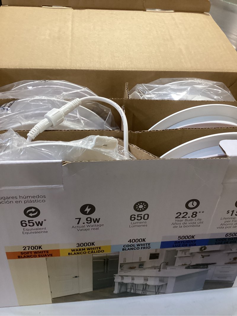 Condition photo showing As Is for utilitech white 6-in 650-lumen switchable white round led canless wet rated recessed downlight (6-pack)