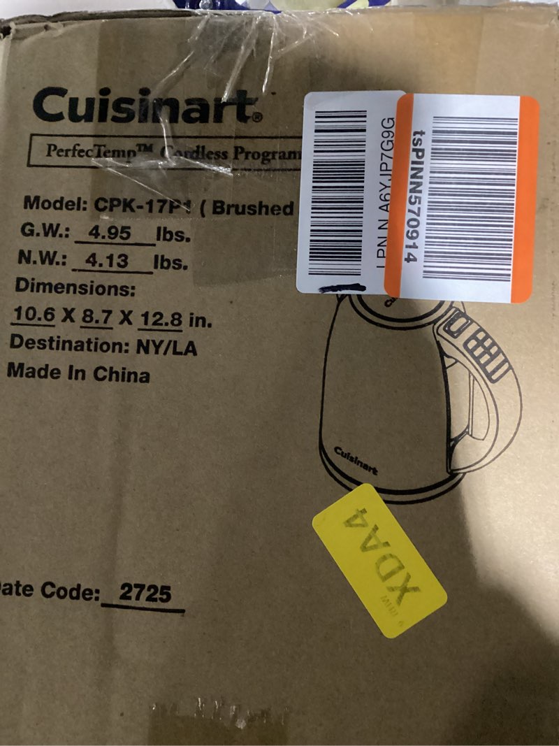 Condition photo showing As Is for cuisinart perfectemp 1.7-liter electric kettle, cordless electric tea kettle, 1500w for fast heat-up, 6 preset temperatures, 30-minute keep warm, stay cool nonslip handle, cpk-17p1 stainless steel perfectemp