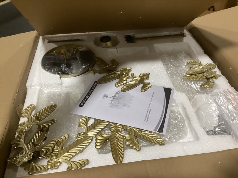 Condition photo showing As Is for 20" Gold Fandelier Ceiling Fan with Light, Gold Crystal Chandelier Ceiling Fans with Lights and Remote Control, Mid Century Enclosed Caged with 6 Speeds for Bedroom, Nursery, Living Room Leaf Ceiling Fan with Light