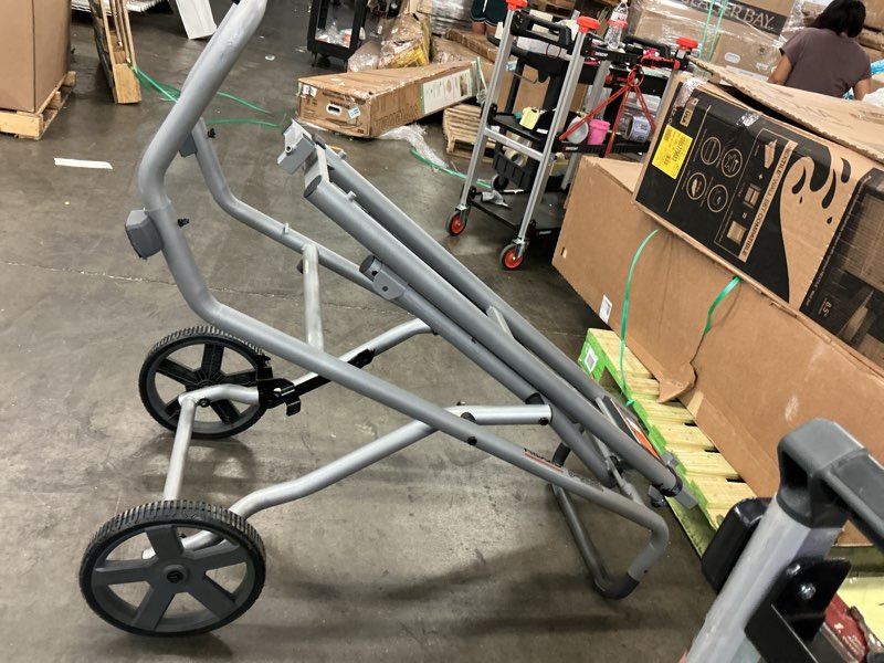Condition photo showing As Is for foldable mobile miter saw stand with mounting braces