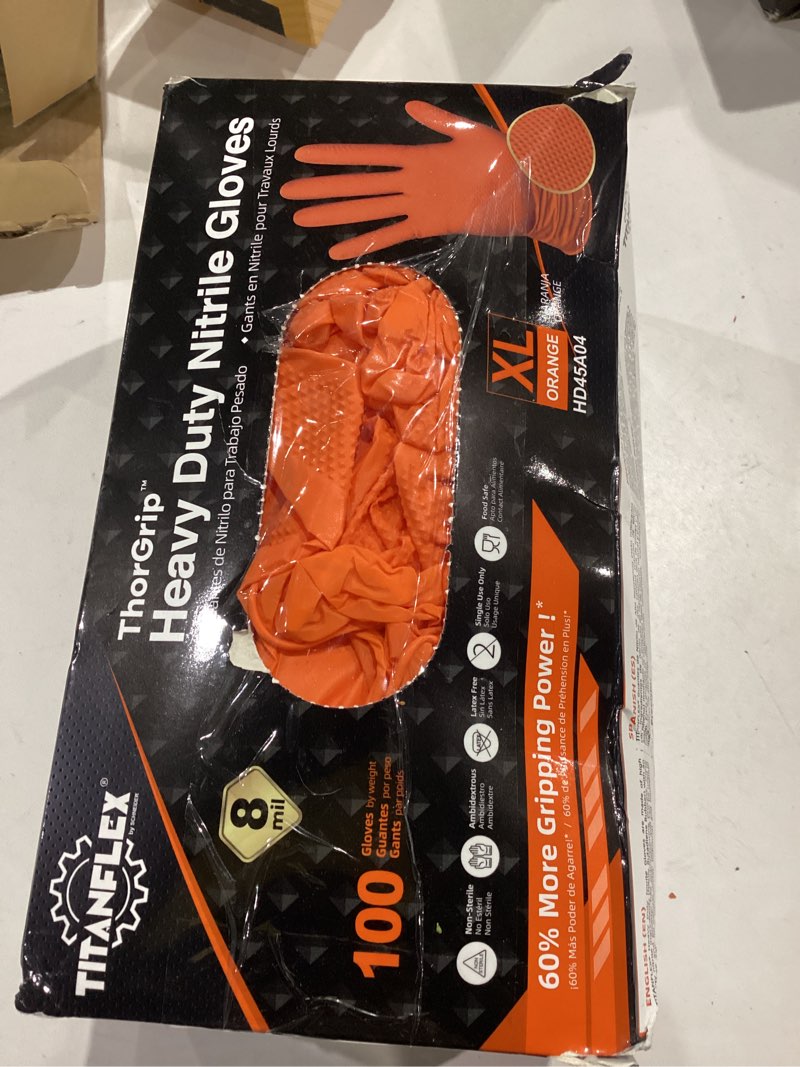 Condition photo showing Good Condition for TitanFlex Heavy Duty Orange Industrial Nitrile Gloves with Raised Diamond Texture, Latex Free (6mil/8mil) 02 8mil (100ct) X-Large