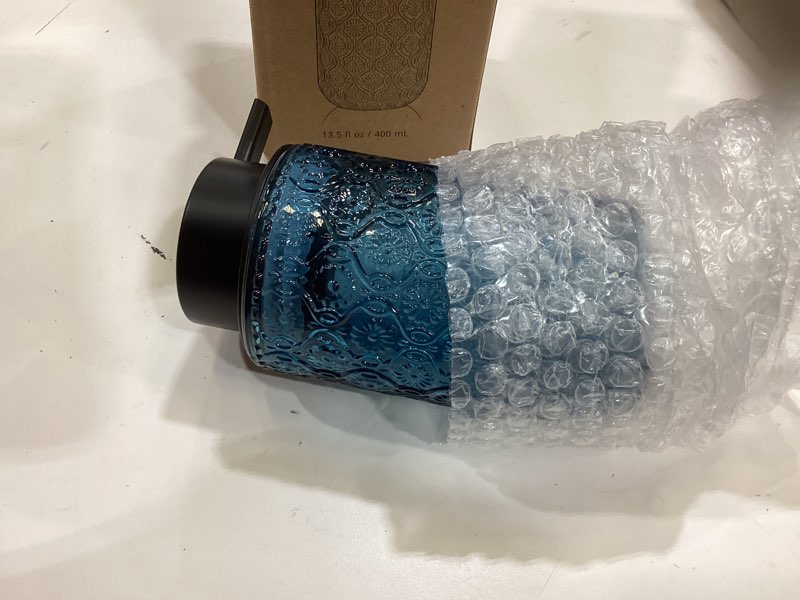 Condition photo showing Good Condition for blue glass foaming hand soap dispenser with matte black pump thick embossed bottle refillable for bathroom and kitchen decor 13.5 oz navy blue foam dispenser