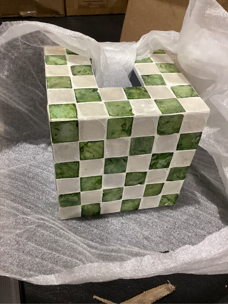 chi an home 5.9” capiz tissue box cover, square decorative tissue holder with bottom slider, handmade bathroom accessories, elegant wh cube for vanity, bedroom, office & coastal décor (green and white)
