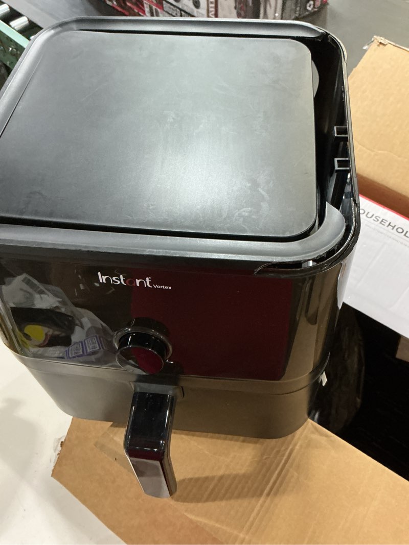 Condition photo showing As Is for instant pot vortex 5.7qt air fryer with accessories, custom smart cooking programs, 4-in-1 functions that crisps, roasts, bakes and reheats, 100+ in-app recipes, from the makers of instant pot, black