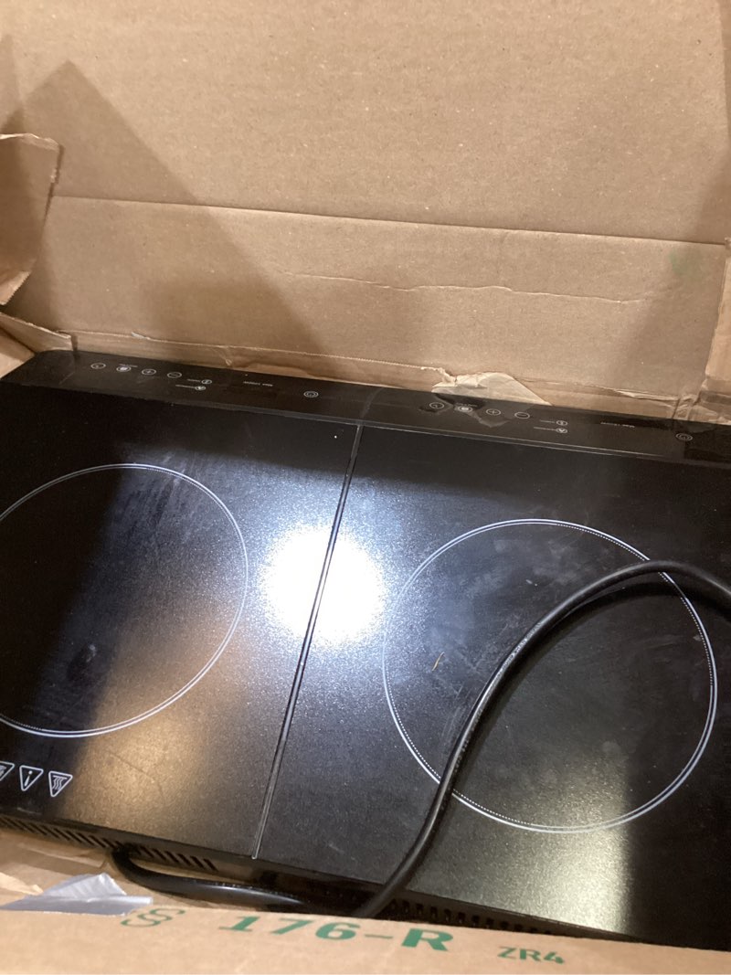 Condition photo showing As Is for double burner induction cooktop, 1800w portable induction cooktop 2 burner with 9 temp & power independent touch control, electric stove top cooker with safety lock, 3 hour timer