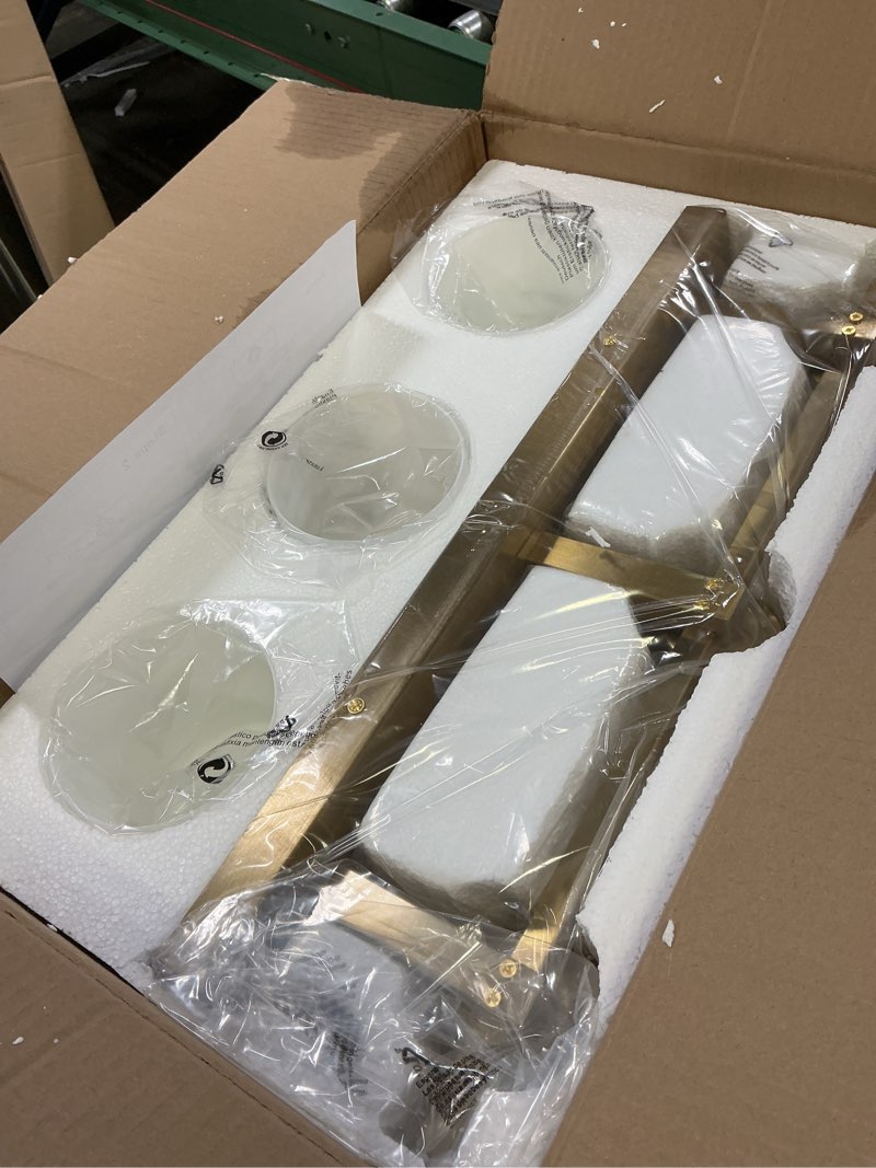 Condition photo showing Good Condition for 3 light modern bathroom light fixtures over mirror, brass finish vanity lights for bathroom wall sconces with milky white glass shades, e26 socket (bulbs not included) brass - milky white glass shades 3-lights