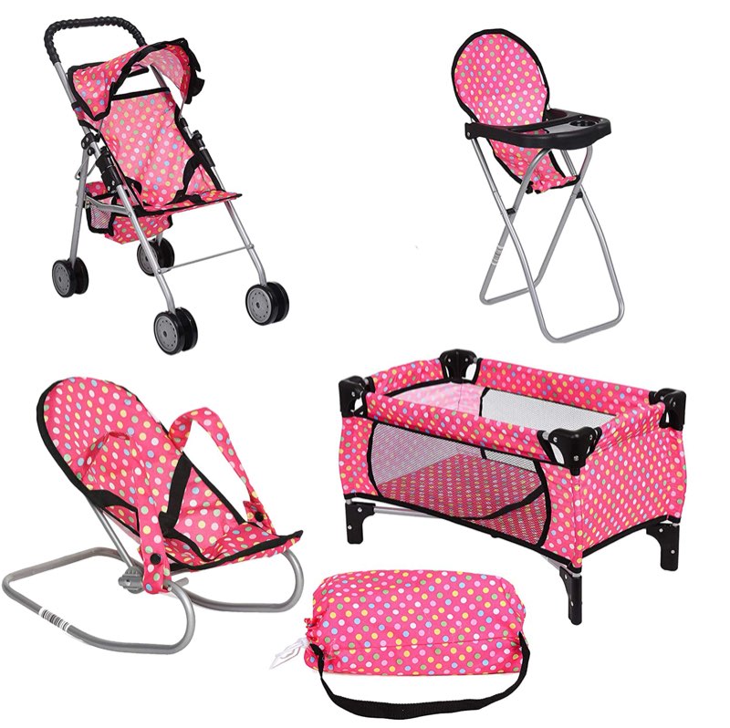 fash n kolor 4 Piece Doll Play Set, includes - 1 Pack N Play. 2 Doll Stroller 3.Doll High Chair. 4.Infant Seat, Fits Up to 18'' Doll (4 Piece Set)