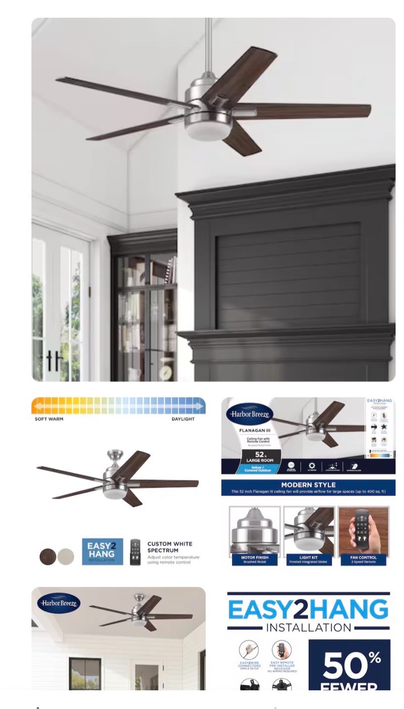 500+ bought last week harbor breeze flanagan iii 52-in matte black with black/driftwood blades adjustable white led