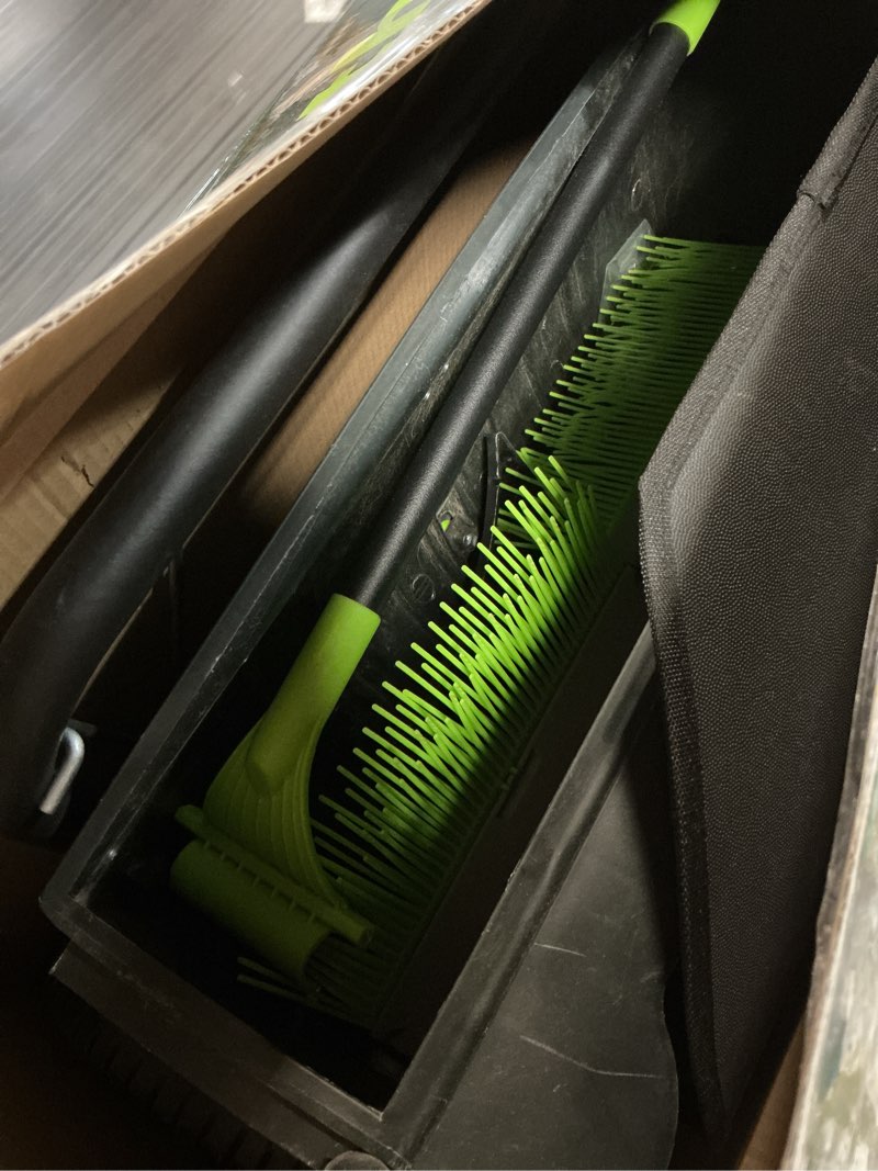 Condition photo showing As Is for earthwise lsw70021 21-inch width leaf & grass push lawn sweeper, black