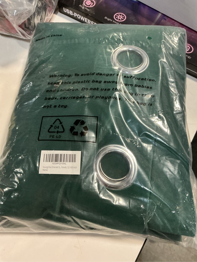 Condition photo showing New/Like New for YoungsTex Emerald Green Velvet Blackout Curtains 80 Inch Length for Living Room, Grommet Thermal Insulated Window Drapes Privacy Christmas Decor for Bedroom, 2 Panels, 52 X 80 Inch 52\"W x 80\"L (Pack of 2) Emerald Green