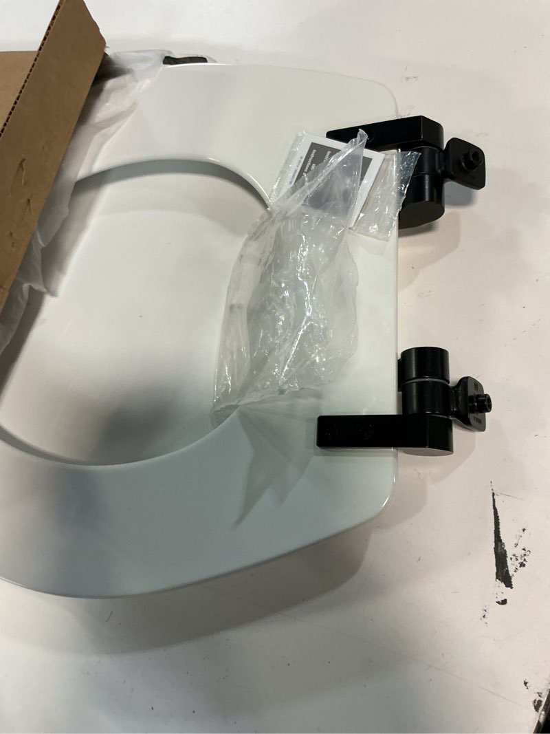 Condition photo showing item condition for mayfair bennett toilet seat with matte black hinges, slow close wood seat, secure metal hinges, easy install, made in usa, round, white round matte black
