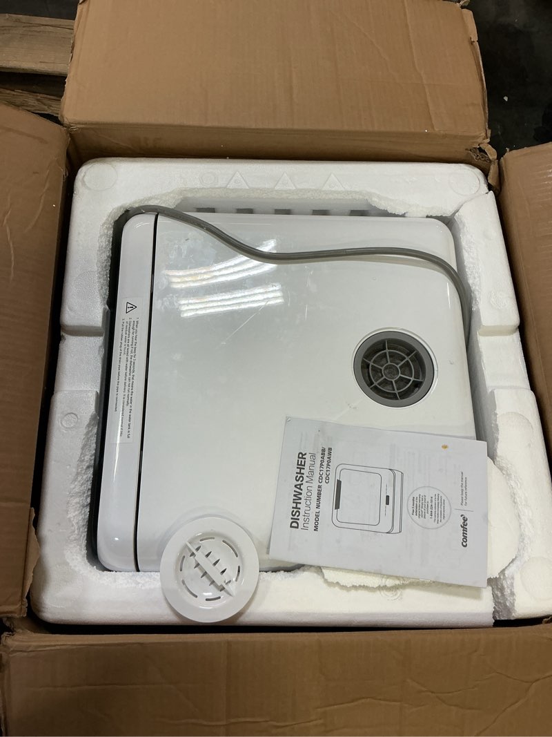 Condition photo showing As Is for comfee' portable mini dishwasher countertop with 5l built-in water tank for apartments& rvs, no hookup needed, 6 programs, 360° dual spray, 162? high-temp& air-dry function minilite-black whole black